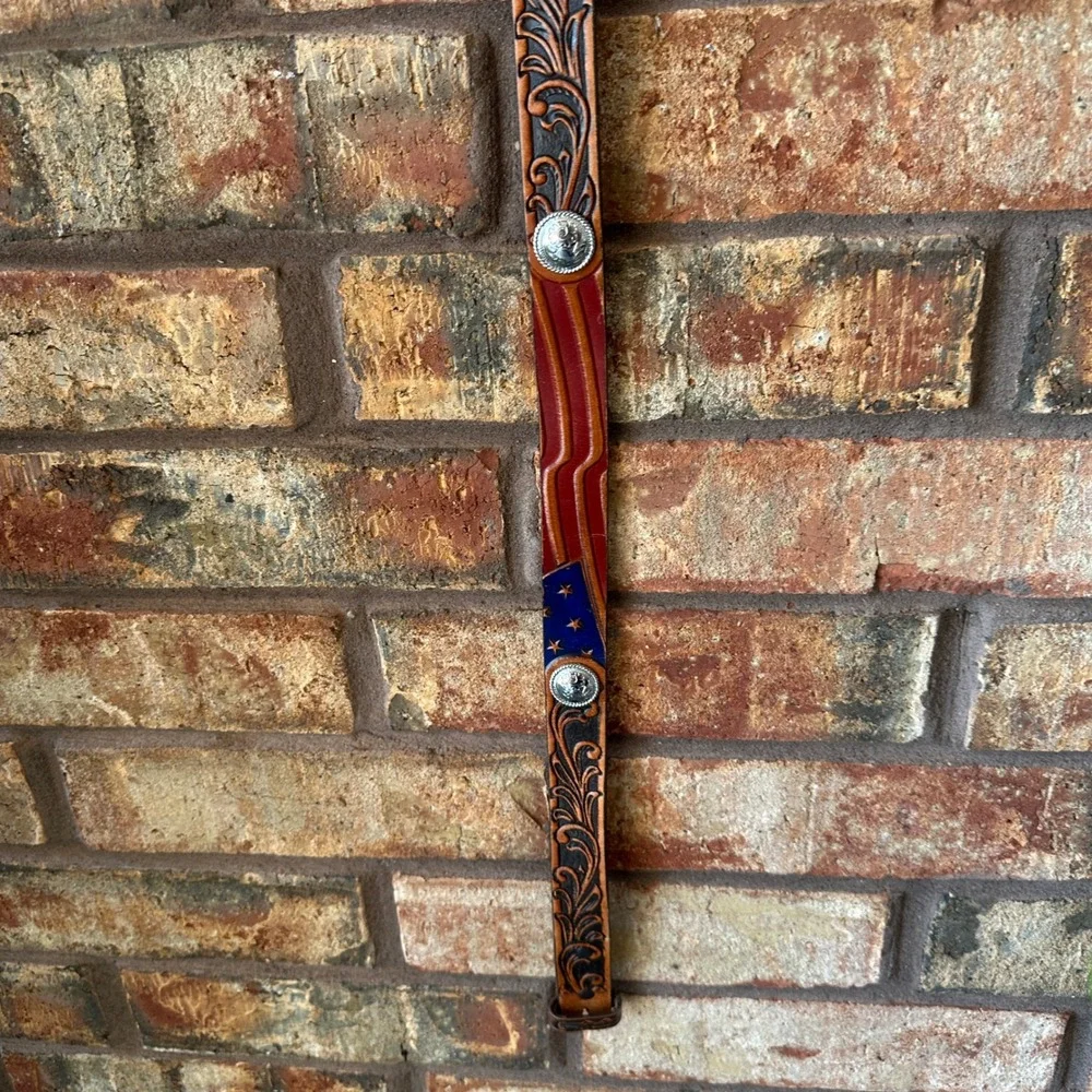 Tony Lama Western Cowboy Kids Tooled Leather Belt American Flag Floral Brown 24